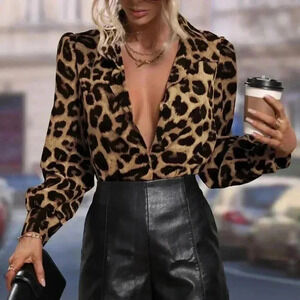 Brown Sexy Women's Leopard Print Puff Sleeve Shirt